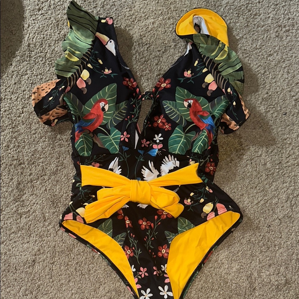 Tropical Print parrot Swimsuit with flirty ruffle Yellow straps xl - Picture 2 of 13
